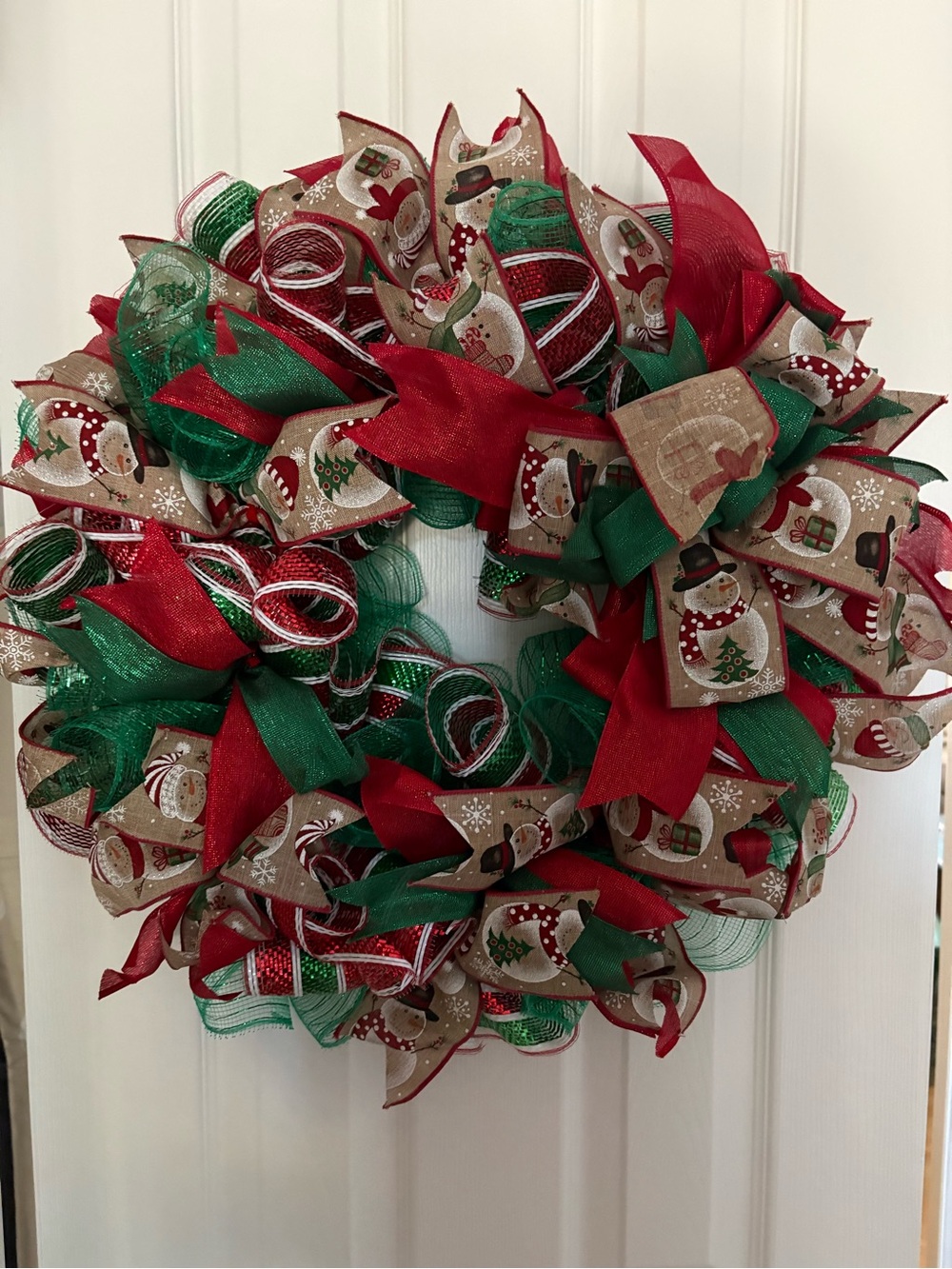 Christmas Snowman Holiday Wreath with Patterned Ribbon